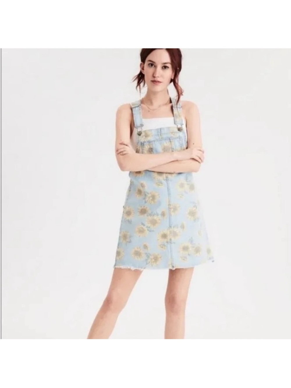 Denim, sunflower overalls dress